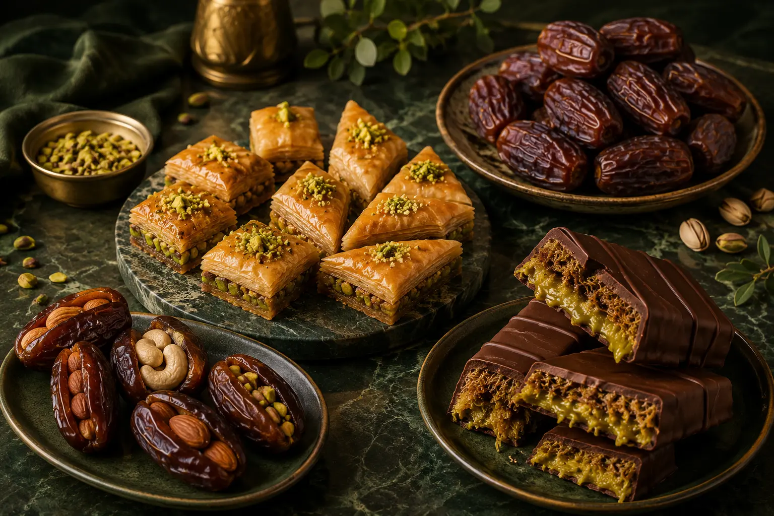Medjool dates, pistachio baklava, filled dates and Dubai-style chocolate