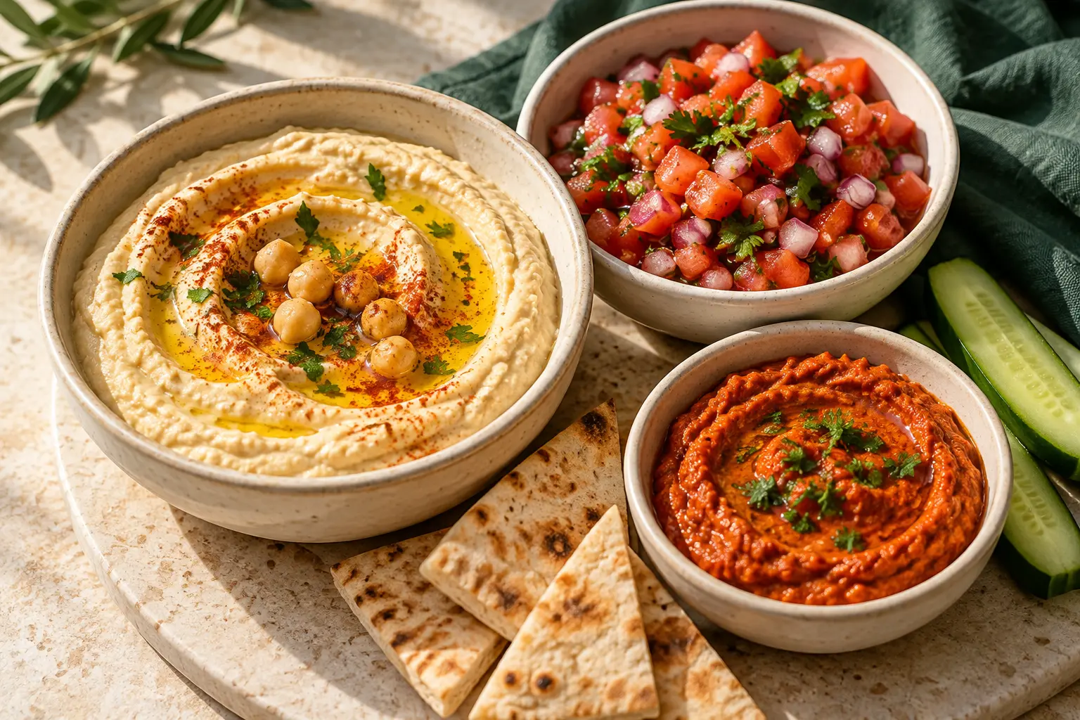 Hummus, chunky tomato salsa and roasted red pepper dip in cream ceramic bowls