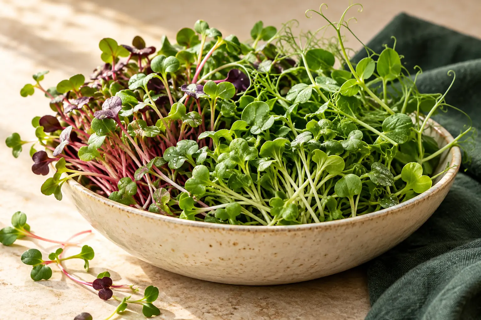 Fresh microgreens with delicate green leaves and pink stems in a cream ceramic bowl