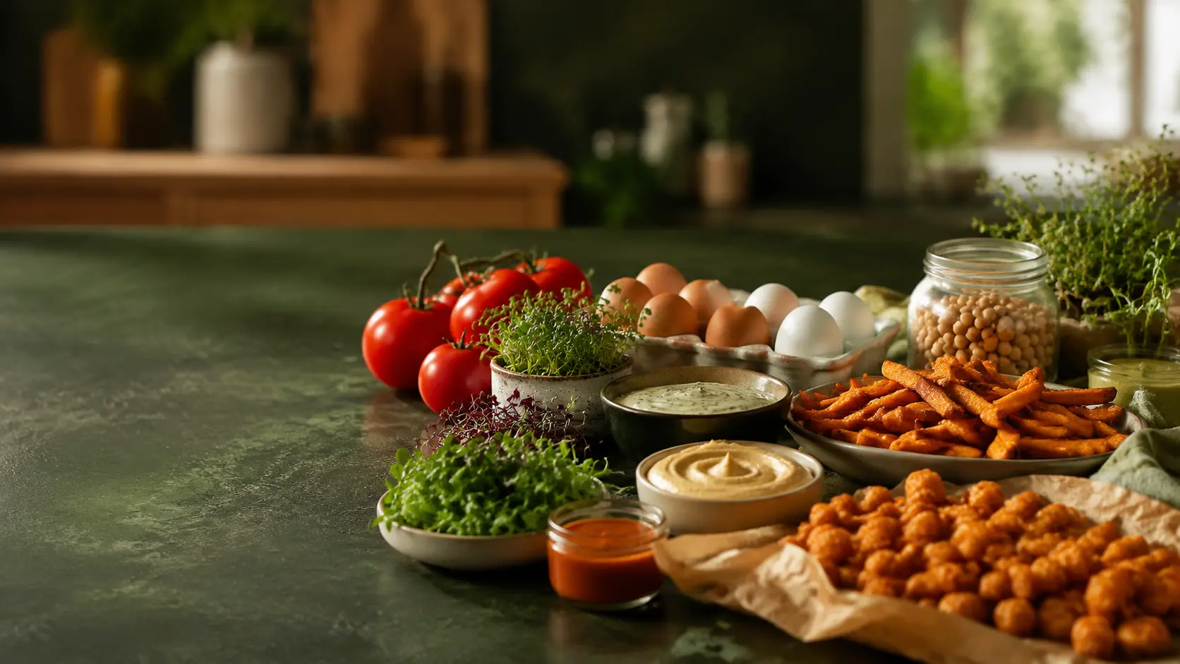 A colourful spread of tomatoes, microgreens, eggs, sauces, dips, sweet potato fries and tots