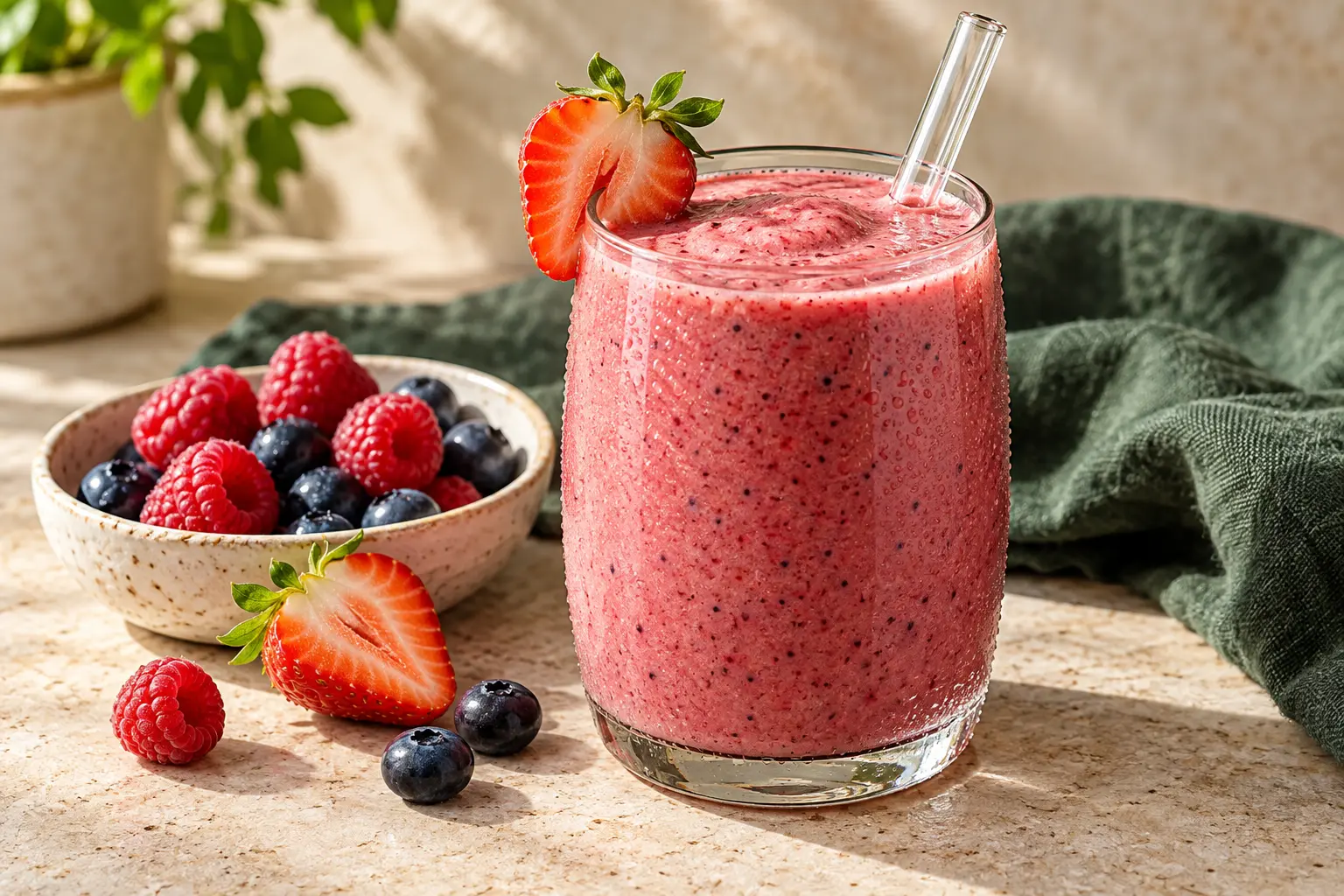 Berry smoothie with strawberries, raspberries and blueberries