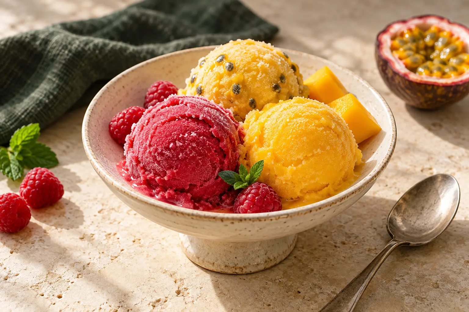 Raspberry, mango and passion-fruit sorbet with fresh fruit