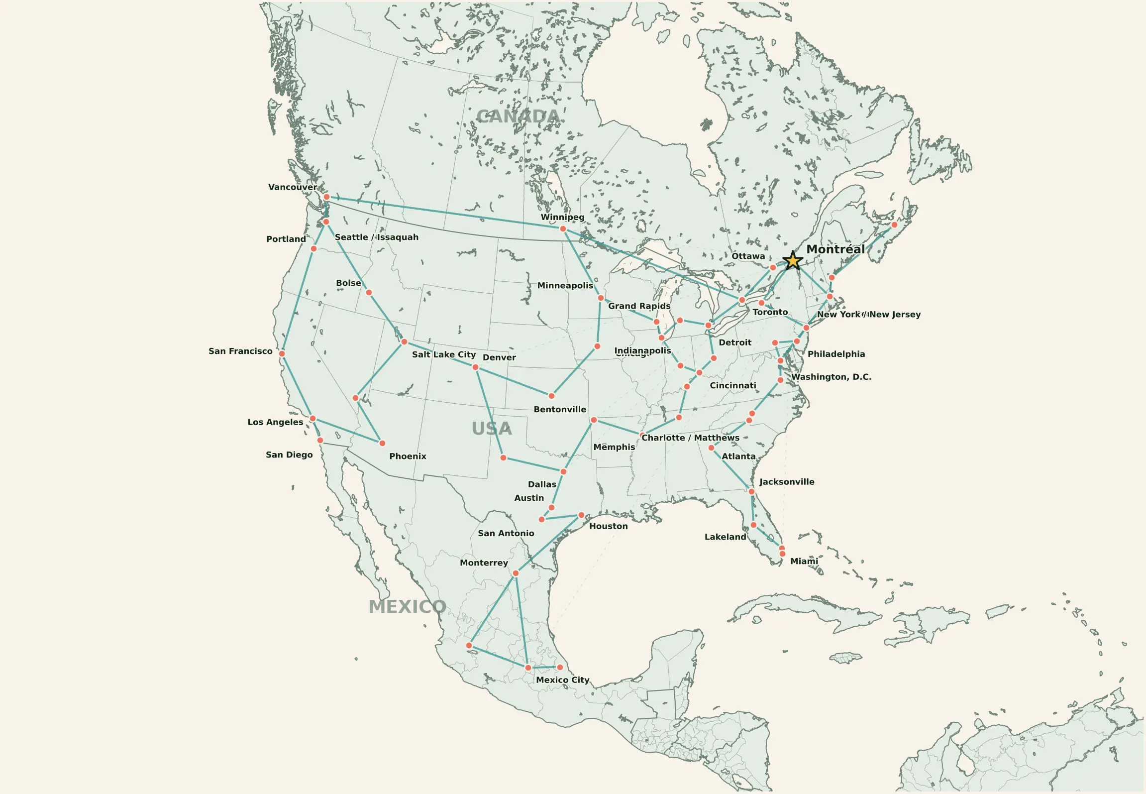 Realistic map of Canada, the United States and Mexico showing Gemini Insight in Montréal connected to more than 50 collaborator and retail decision hubs