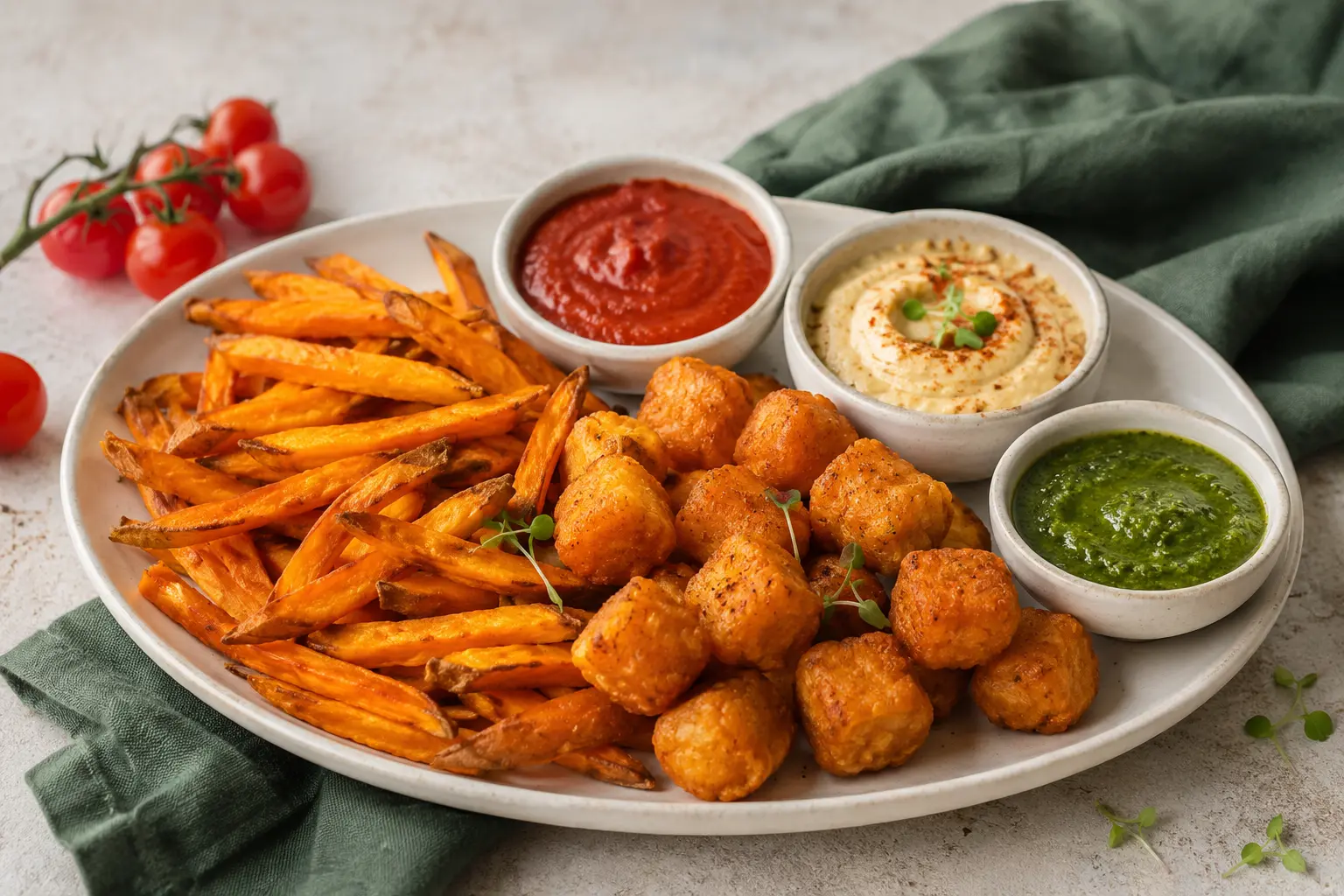 Sweet potato fries and dips representing an established food company